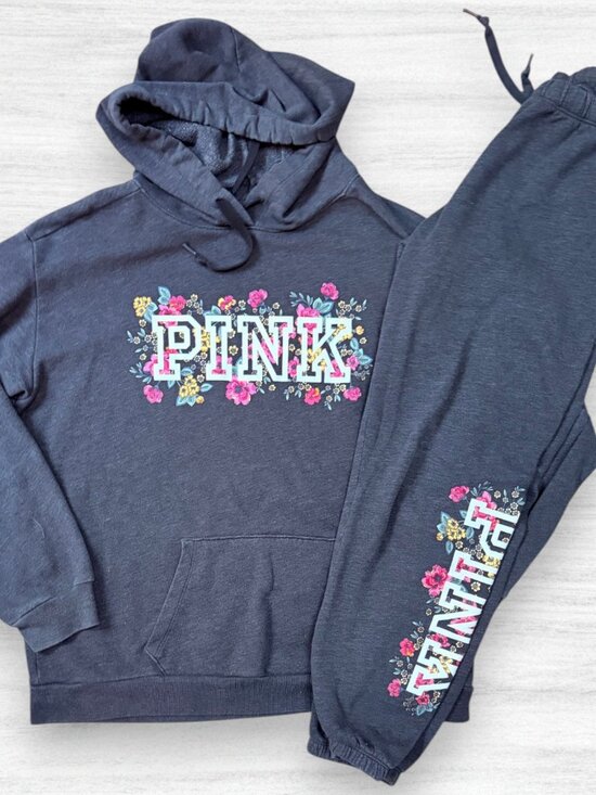 PINK Victoria's Secret Tops - Victoria’s Secret PINK Floral Logo Hoodie Jogger 2 Piece Sweatsuit Set Gray M/L